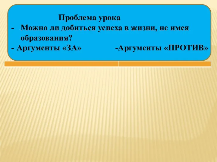 Проблема урока Можно ли добиться успеха в жизни, не имея образования? Аргументы «ЗА» -Аргументы «ПРОТИВ»