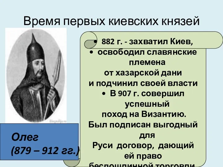 Время первых киевских князей 882 г. - захватил Киев, освободил славянские