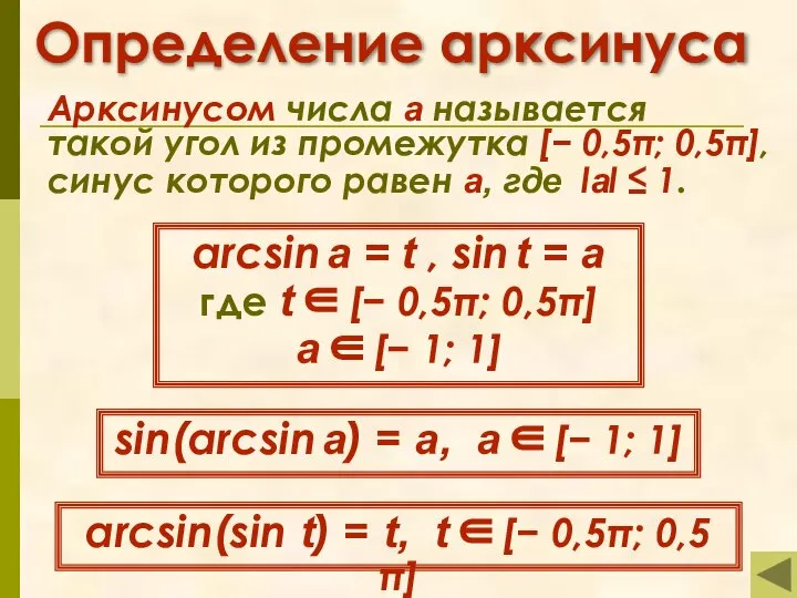 Определение арксинуса Арксинусом числа а называется такой угол из промежутка [−