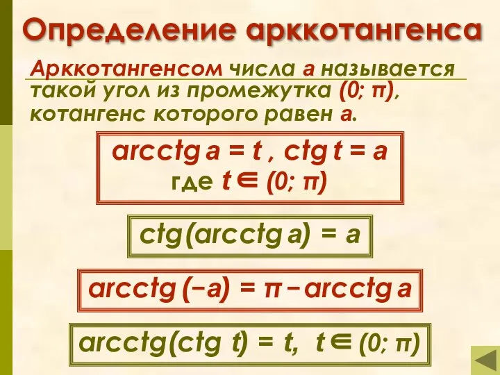 Определение арккотангенса Арккотангенсом числа а называется такой угол из промежутка (0;