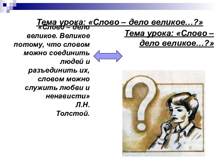 Тема урока: «Слово – дело великое…?» Тема урока: «Слово – дело