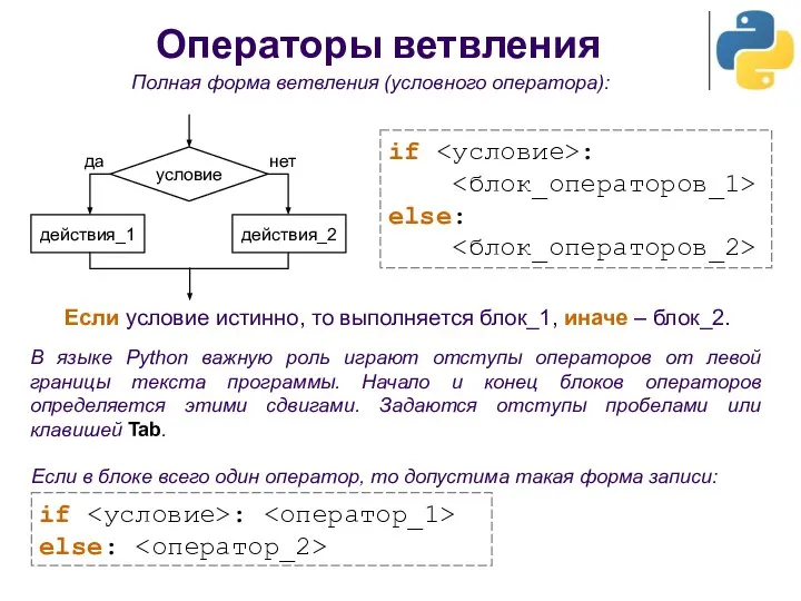 Операторы ветвления Полная форма ветвления (условного оператора): Если условие истинно, то