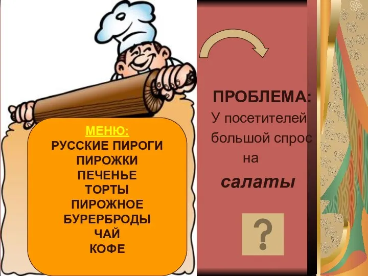 ПРОБЛЕМА: У посетителей большой спрос на салаты МЕНЮ: РУССКИЕ ПИРОГИ ПИРОЖКИ