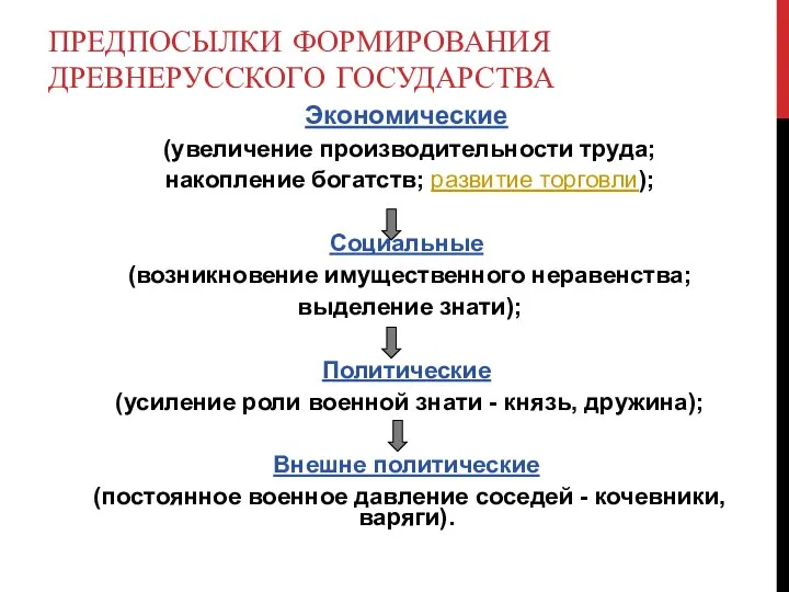 ПРЕДПОСЫЛКИ ФОРМИРОВАНИЯ ДРЕВНЕРУССКОГО ГОСУДАРСТВА Экономические (увеличение производительности труда; накопление богатств; развитие