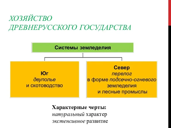 ХОЗЯЙСТВО ДРЕВНЕРУССКОГО ГОСУДАРСТВА Характерные черты: натуральный характер экстенсивное развитие