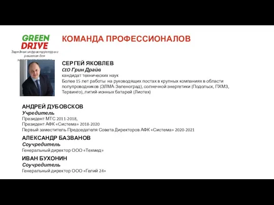 КОМАНДА ПРОФЕССИОНАЛОВ СЕРГЕЙ ЯКОВЛЕВ CEO Грин Драйв кандидат технических наук Более