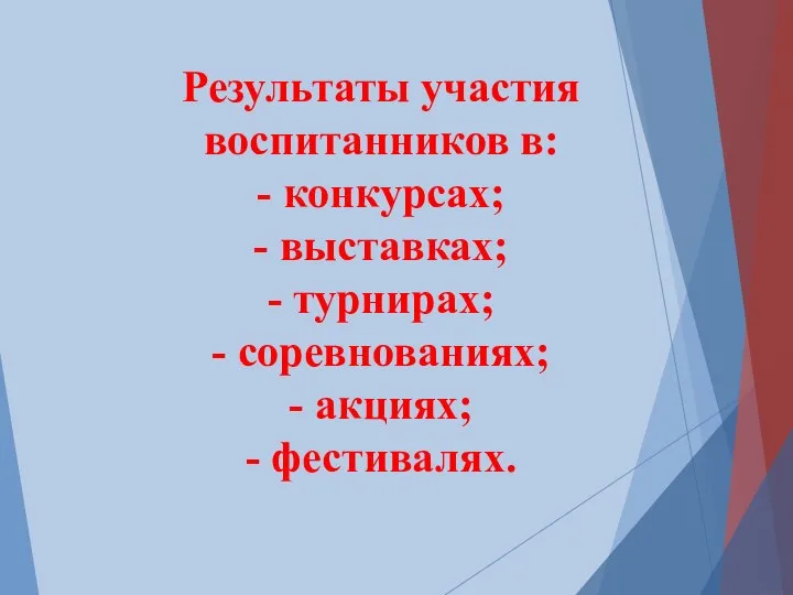 Результаты участия воспитанников в: - конкурсах; - выставках; - турнирах; - соревнованиях; - акциях; - фестивалях.