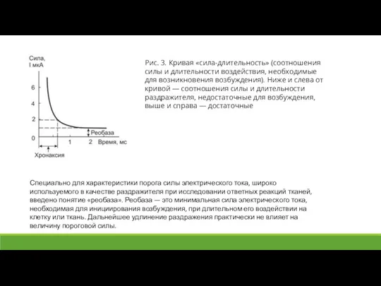 Рис. 3. Кривая «сила-длительность» (соотношения силы и длительности воздействия, необходимые для