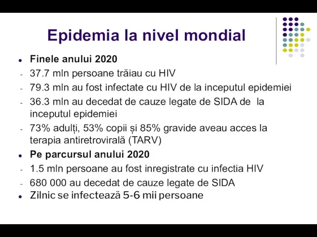 Epidemia la nivel mondial Finele anului 2020 37.7 mln persoane trăiau