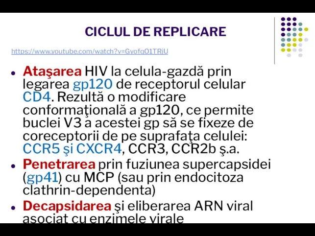 CICLUL DE REPLICARE https://www.youtube.com/watch?v=GyofqO1TRjU Ataşarea HIV la celula-gazdă prin legarea gp120