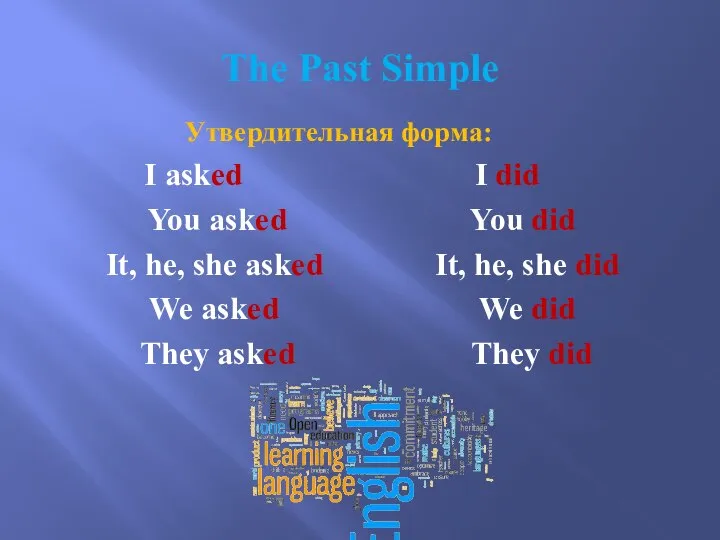 The Past Simple Утвердительная форма: I asked I did You asked