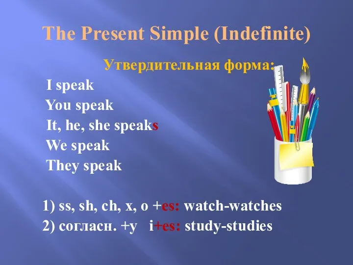 The Present Simple (Indefinite) Утвердительная форма: I speak You speak It,