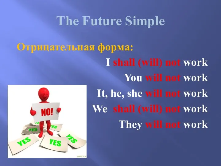 The Future Simple Отрицательная форма: I shall (will) not work You