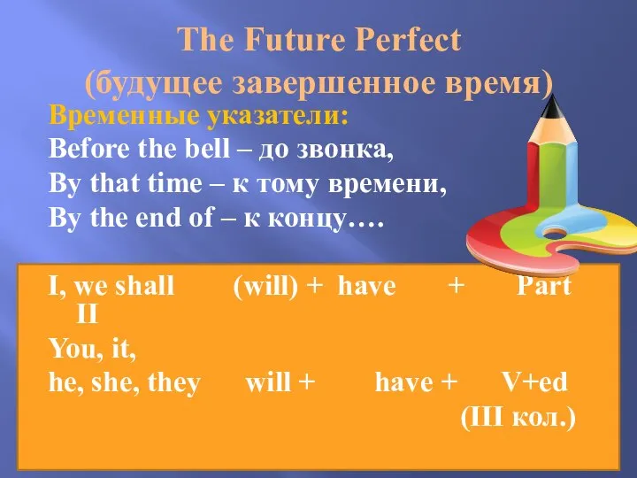 The Future Perfect (будущее завершенное время) Временные указатели: Before the bell