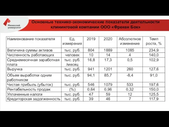 Основные технико-экономические показатели деятельности клининговой компании ООО «Фрекен Бок»