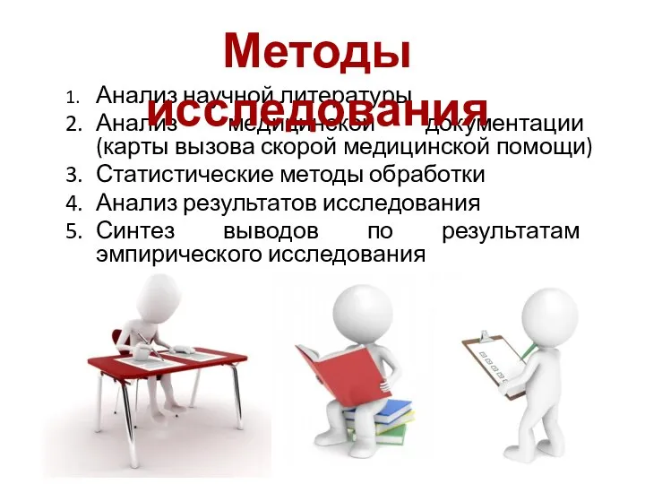 1. Анализ научной литературы 2. Анализ медицинской документации (карты вызова скорой