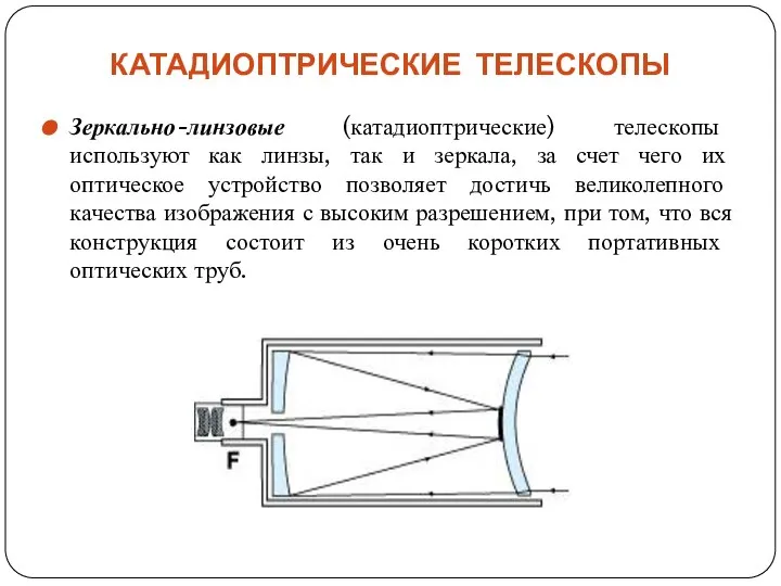 КАТАДИОПТРИЧЕСКИЕ ТЕЛЕСКОПЫ Зеркально-линзовые (катадиоптрические) телескопы используют как линзы, так и зеркала,