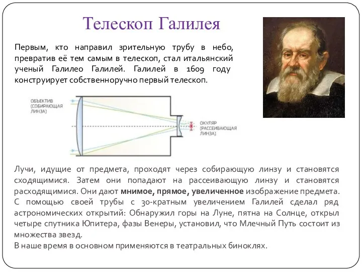 Телескоп Галилея Первым, кто направил зрительную трубу в небо, превратив её