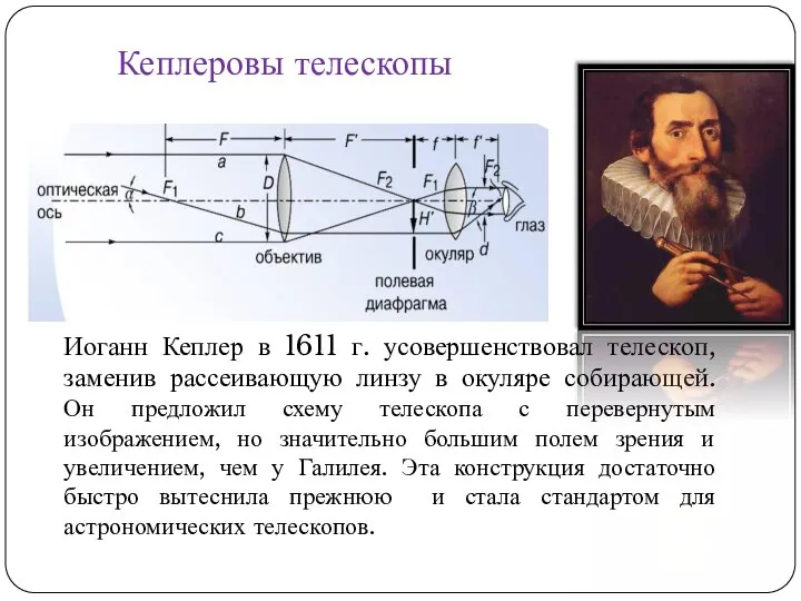 Кеплеровы телескопы Иоганн Кеплер в 1611 г. усовершенствовал телескоп, заменив рассеивающую