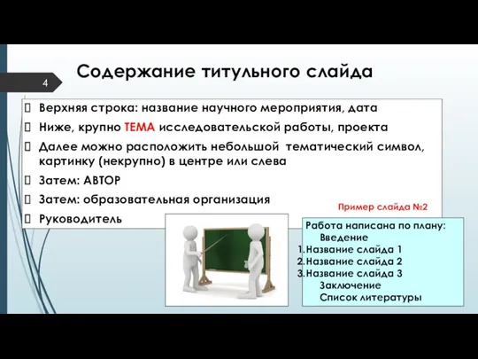 Содержание титульного слайда Верхняя строка: название научного мероприятия, дата Ниже, крупно