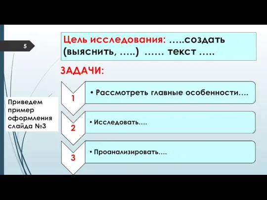 Цель исследования: …..создать (выяснить, …..) …… текст ….. ЗАДАЧИ: Приведем пример оформления слайда №3