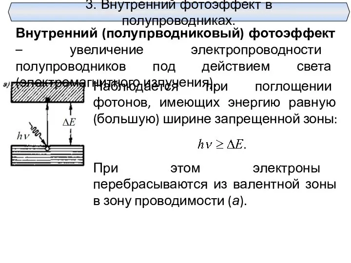 3. Внутренний фотоэффект в полупроводниках. Внутренний (полупрводниковый) фотоэффект – увеличение электропроводности