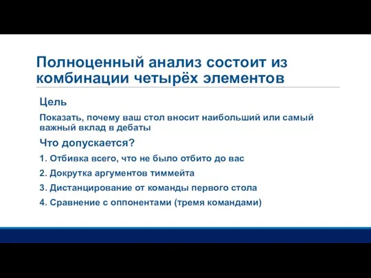 Полноценный анализ состоит из комбинации четырёх элементов Цель Показать, почему ваш