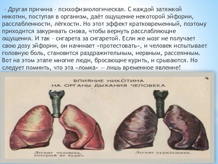 - Другая причина – психофизиологическая. С каждой затяжкой никотин, поступая в