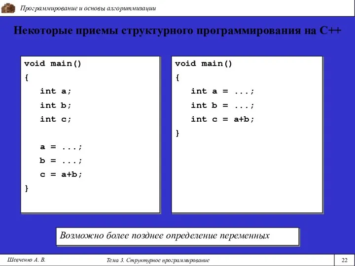 Программирование и основы алгоритмизации Тема 3. Структурное программирование 22 Шевченко А.