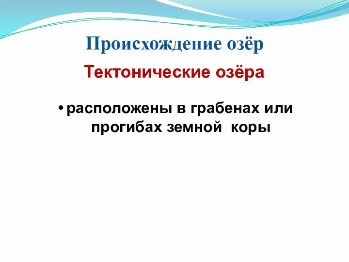 Происхождение озёр Тектонические озёра расположены в грабенах или прогибах земной коры