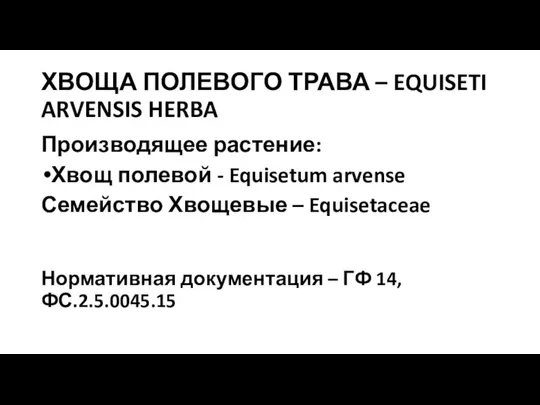 ХВОЩА ПОЛЕВОГО ТРАВА – EQUISETI ARVENSIS HERBA Производящее растение: Хвощ полевой