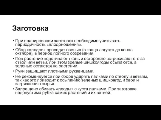 Заготовка При планировании заготовок необходимо учитывать периодичность «плодоношения». Сбор «плодов» проводят