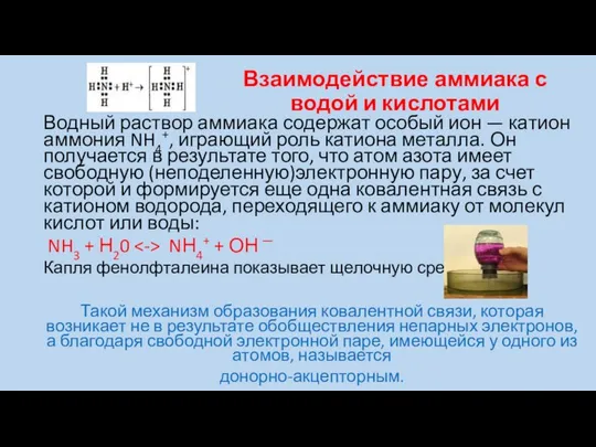 Взаимодействие аммиака с водой и кислотами Водный раствор аммиака содержат особый