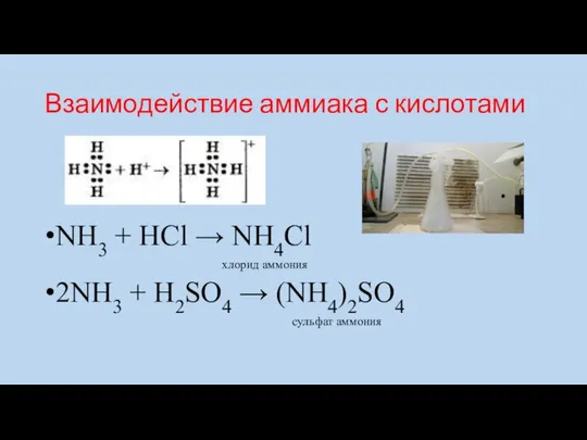 Взаимодействие аммиака с кислотами NH3 + HCl → NH4Cl хлорид аммония