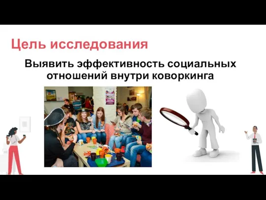 Выявить эффективность социальных отношений внутри коворкинга Цель исследования