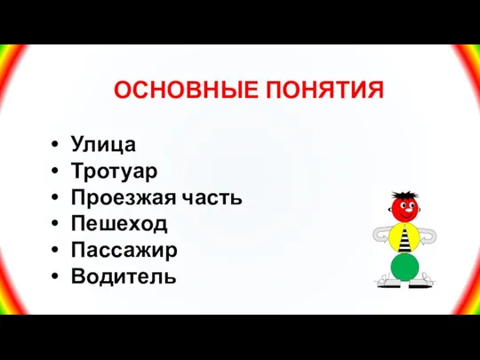 ОСНОВНЫЕ ПОНЯТИЯ Улица Тротуар Проезжая часть Пешеход Пассажир Водитель