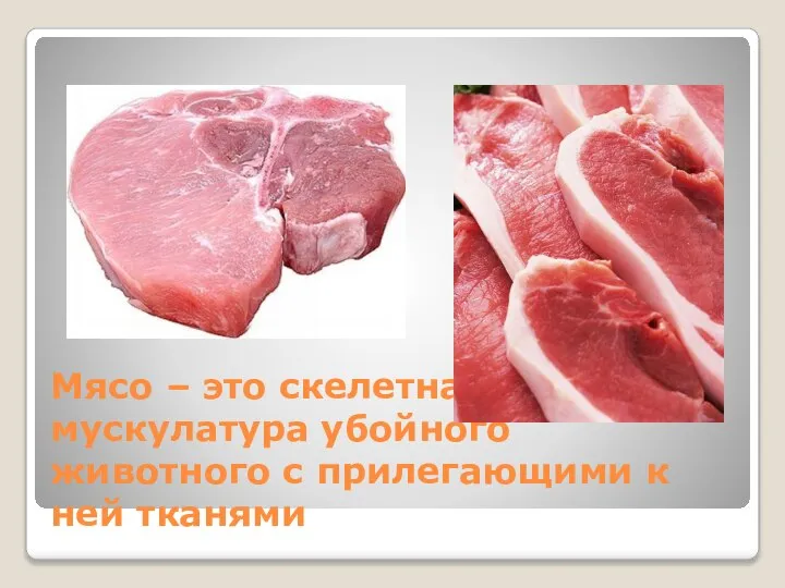 Мясо – это скелетная мускулатура убойного животного с прилегающими к ней тканями