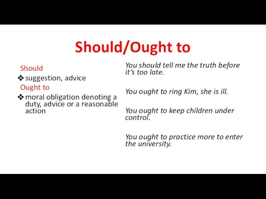 Should/Ought to Should suggestion, advice Ought to moral obligation denoting a