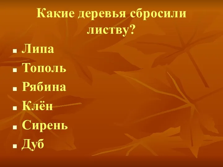 Какие деревья сбросили листву? Липа Тополь Рябина Клён Сирень Дуб