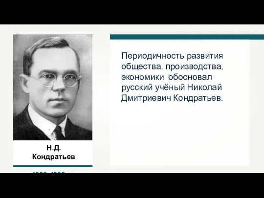 Н.Д. Кондратьев 1892–1938 гг. Периодичность развития общества, производства, экономики обосновал русский учёный Николай Дмитриевич Кондратьев.