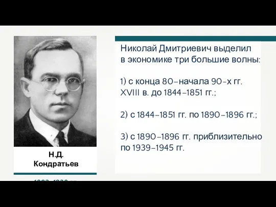 Н.Д. Кондратьев 1892–1938 гг. Николай Дмитриевич выделил в экономике три большие