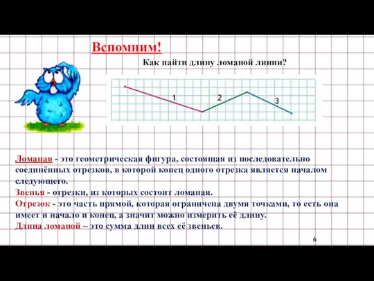 Как найти длину ломаной линии? 6 Вспомним! Ломаная - это геометрическая