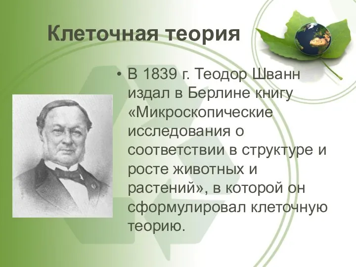 Клеточная теория В 1839 г. Теодор Шванн издал в Берлине книгу