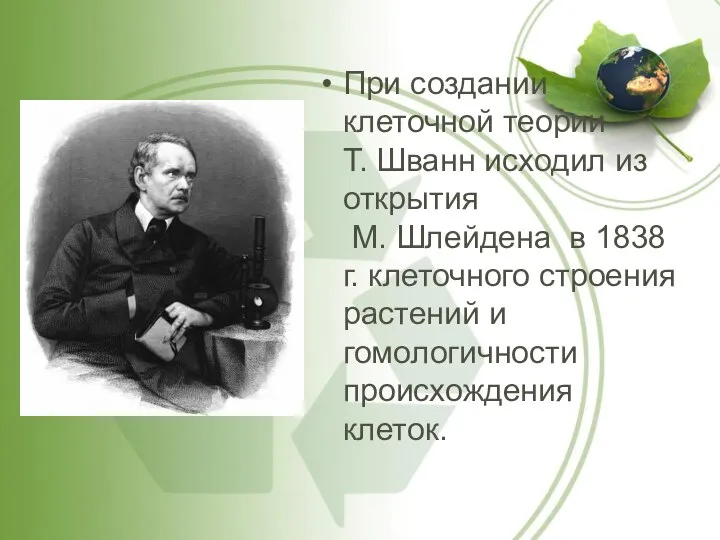 При создании клеточной теории Т. Шванн исходил из открытия М. Шлейдена