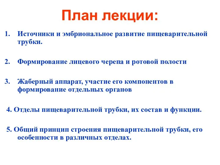 План лекции: Источники и эмбриональное развитие пищеварительной трубки. Формирование лицевого черепа