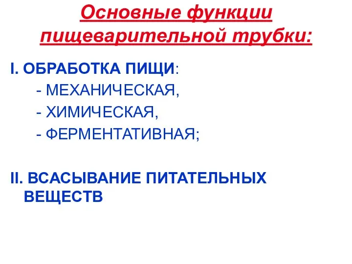 Основные функции пищеварительной трубки: I. ОБРАБОТКА ПИЩИ: - МЕХАНИЧЕСКАЯ, - ХИМИЧЕСКАЯ,