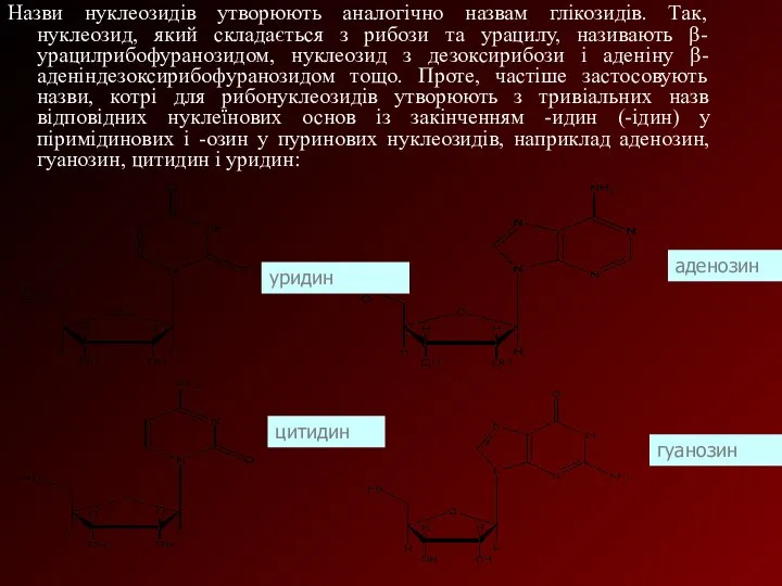 Назви нуклеозидів утворюють аналогічно назвам глікозидів. Так, нуклеозид, який складається з