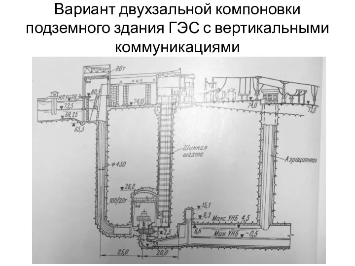 Вариант двухзальной компоновки подземного здания ГЭС с вертикальными коммуникациями