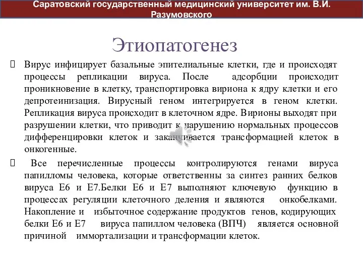 Этиопатогенез Вирус инфицирует базальные эпителиальные клетки, где и происходят процессы репликации