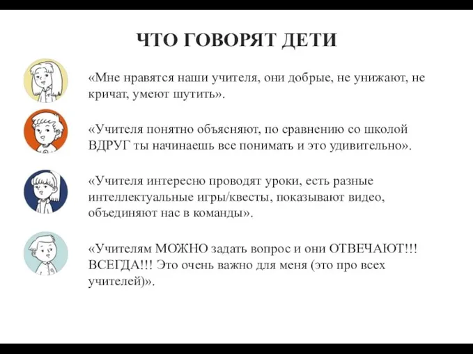 ЧТО ГОВОРЯТ ДЕТИ «Мне нравятся наши учителя, они добрые, не унижают,